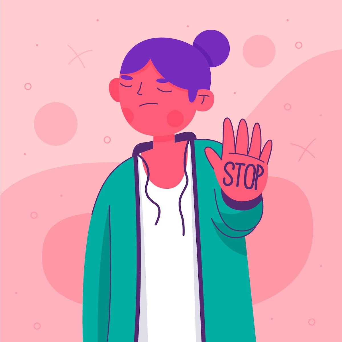 Il·lustració d'una persona jove, on el gènere és confús, amb una mà alçada on en el palmell hi ha escrit STOP amb lletra de pal