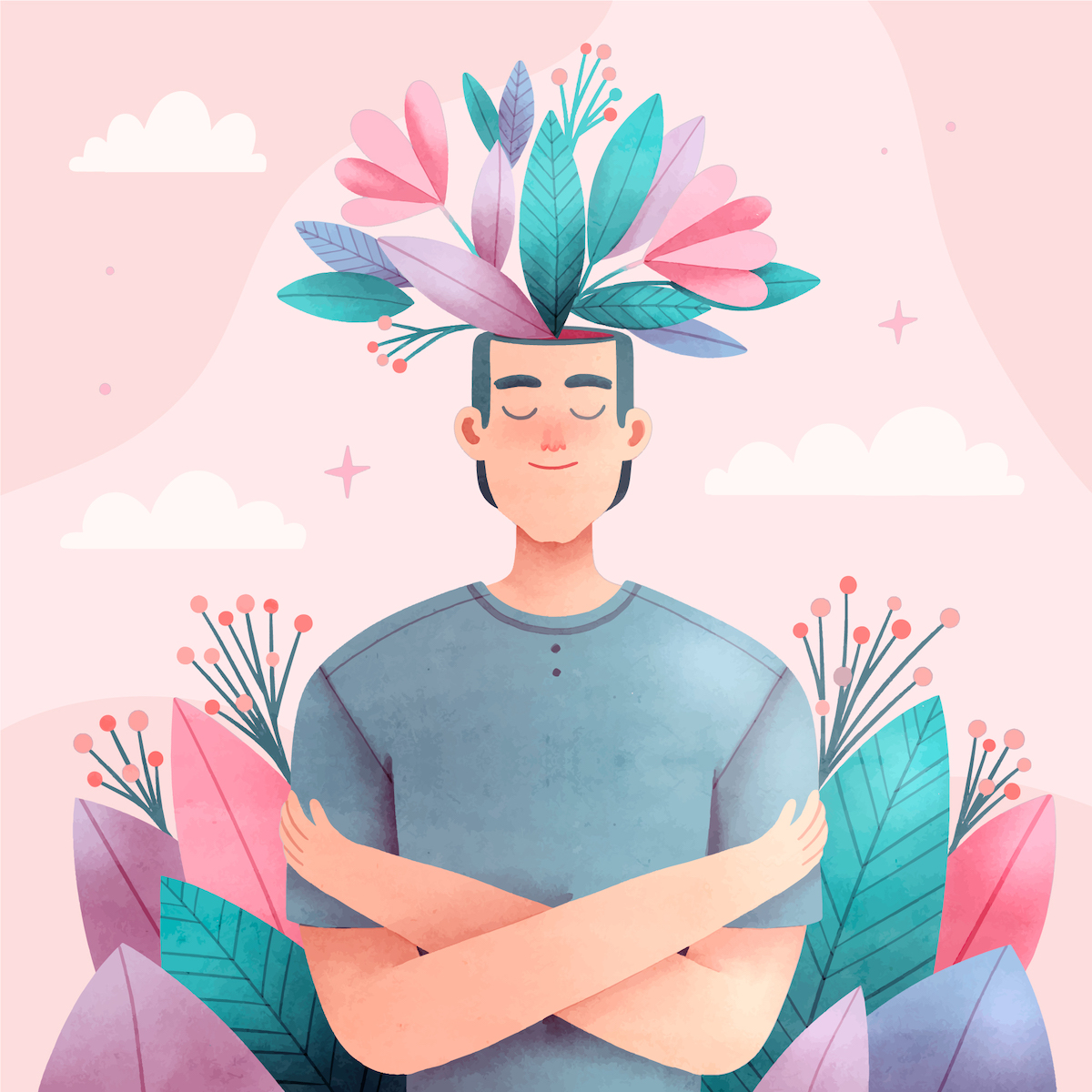 Il·lustració d'una silueta que s'abraça a si mateix i del cap sobresurten flors i fulles que al·ludeixen al benestar. Els colors son pastels i transmeten un estat de calma