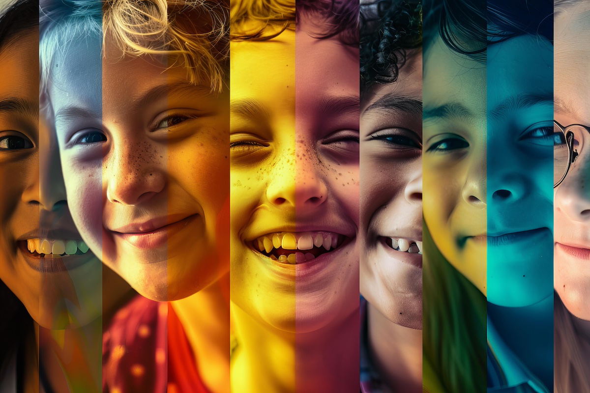 Collage de cares infantils somrients, amb la voluntat de posar de relleu les similituds i diferències que mantenim uns i altres