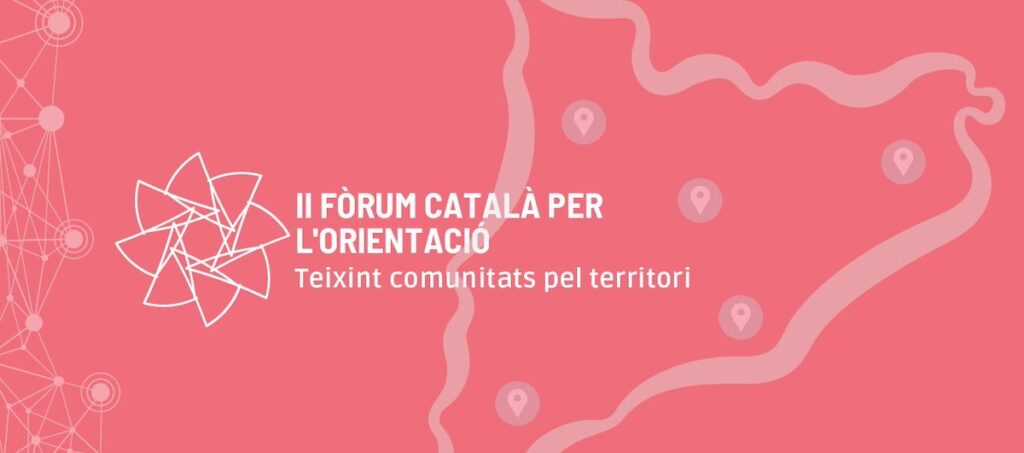 Cartell del II Fòrum Català per l'orientació on apareix aquest títol amb el mapa de catalunya al fons i on també apareix el subtítol ""Teixint comunitats pel territori"