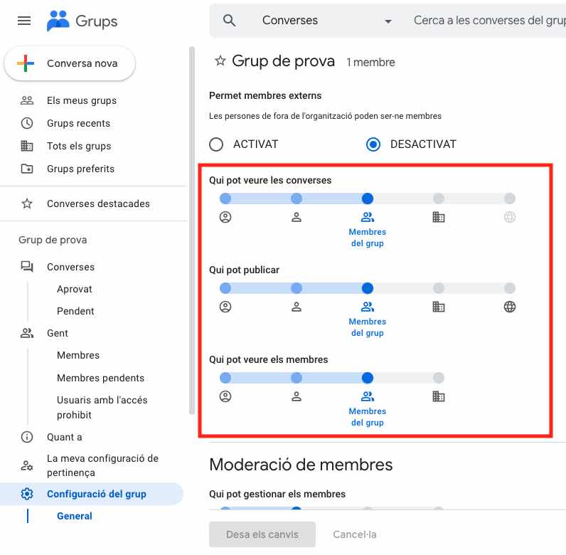 captura de la visibilitat de grups de Google