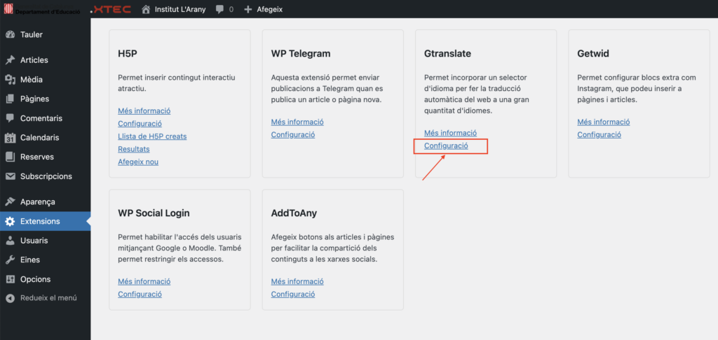 Captura de la pàgina d'extensions