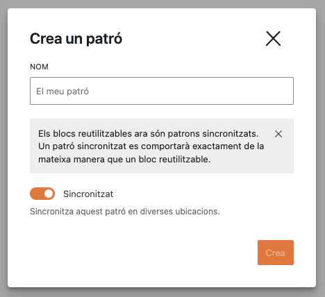 Diàleg de creació d'un patró