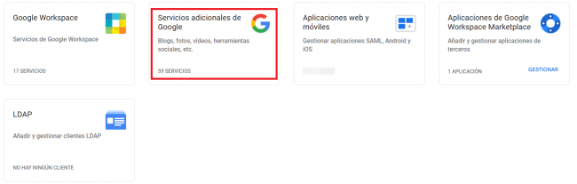 Pantalla de Serveis addicionals de Google