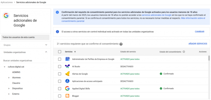 Pantalla de Serveis addicionals de Google
