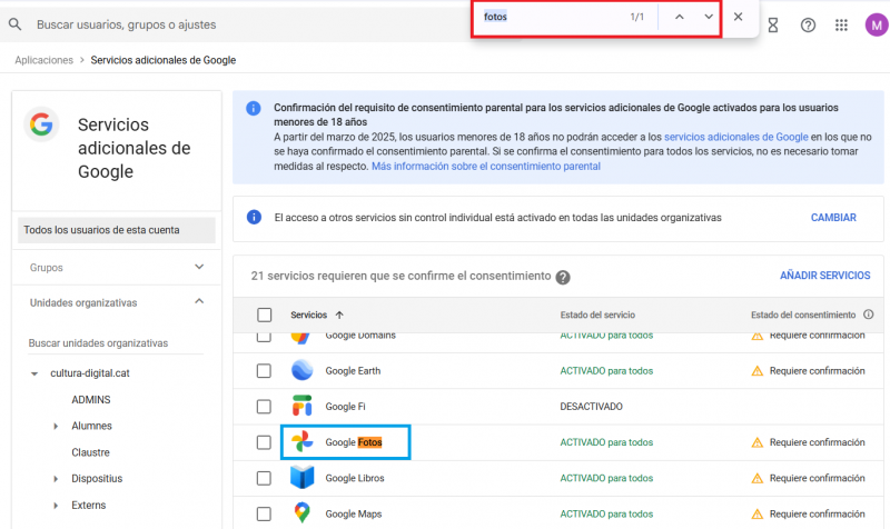Pantalla de Serveis addicionals de Google