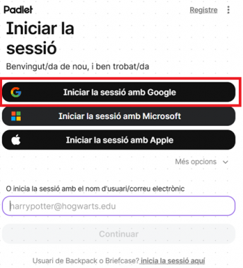 Inici de sessió a Padlet a mode d'exemple