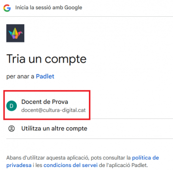Inici de sessió a Padlet a mode d'exemple