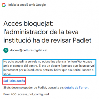 Sol·licitud d'accés a aplicació de tercers en l'inici de Google