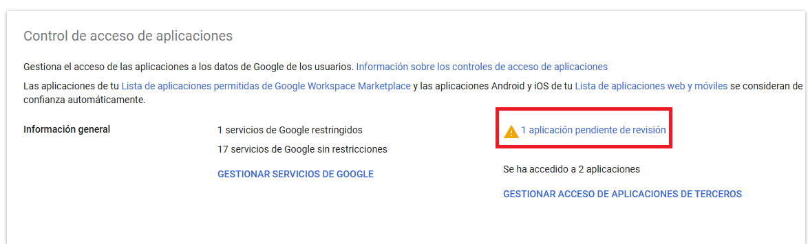 Pantalla de revisió d'accés a aplicacions de tercers