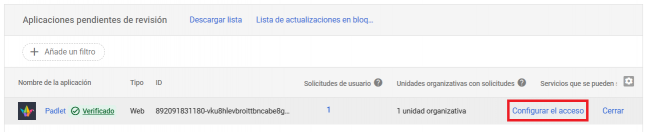 Pantalla de configuració d'accés