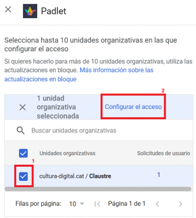 Pantalla de configuració d'accés