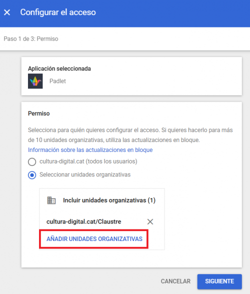 Pantalla de configuració d'accés