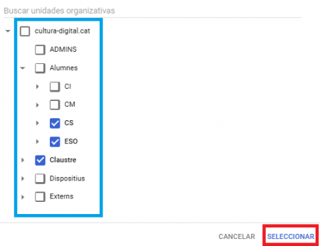 Pantalla de configuració d'accés per cursos