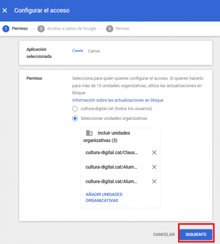 Pantalla de configuració d'accés per centres o grups