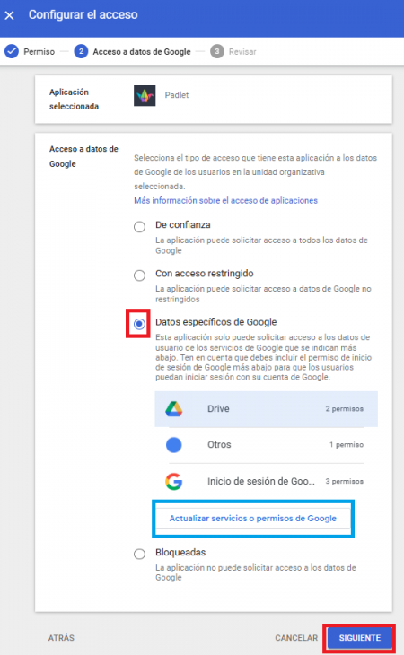Pantalla de configuració d'accés