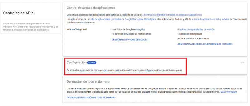 Gestió de les APIs panell admin Google