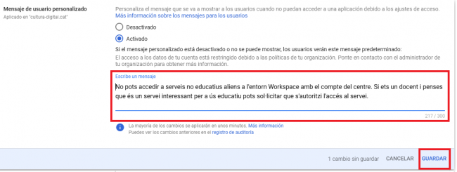 Missatge personalitzat gestió de les APIs Google Admin