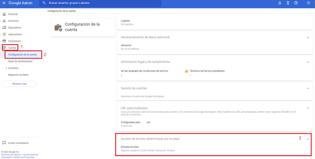 Pantalla Google worksapce configuració edat
