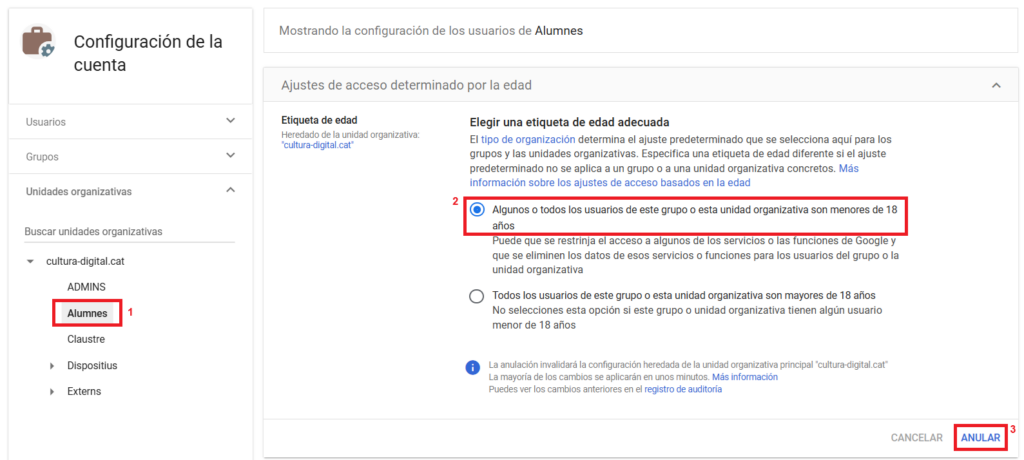 Pantalla Google worksapce configuració edat