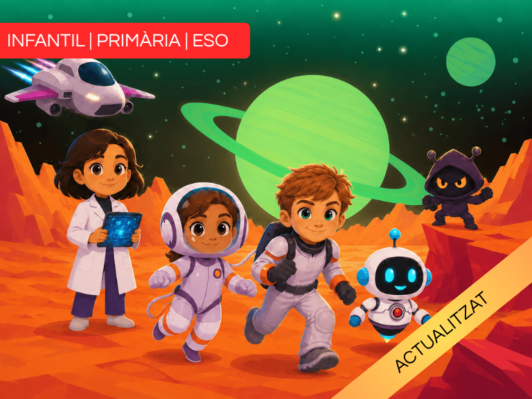 Portada de la primera temporada. En Max, la Lluna i el robot amb la dra. Snippet i un xeldonià. Imatge generada amb IA.
