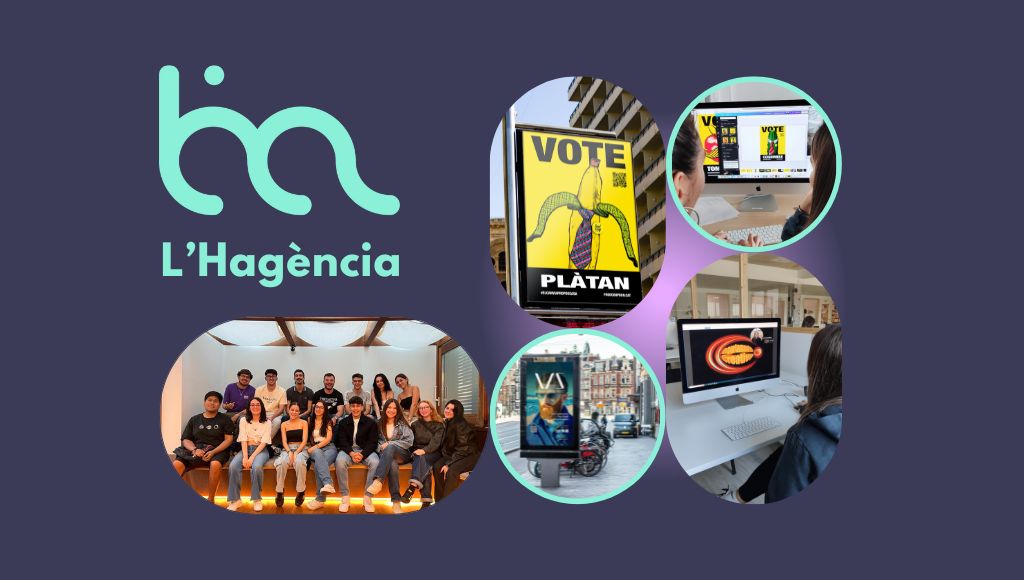 Logotip de L'Hagència de l'Institut Provençana i mostres dels treballs destacats realitzats pels estudiants en el camp del màrqueting i la publicitat.