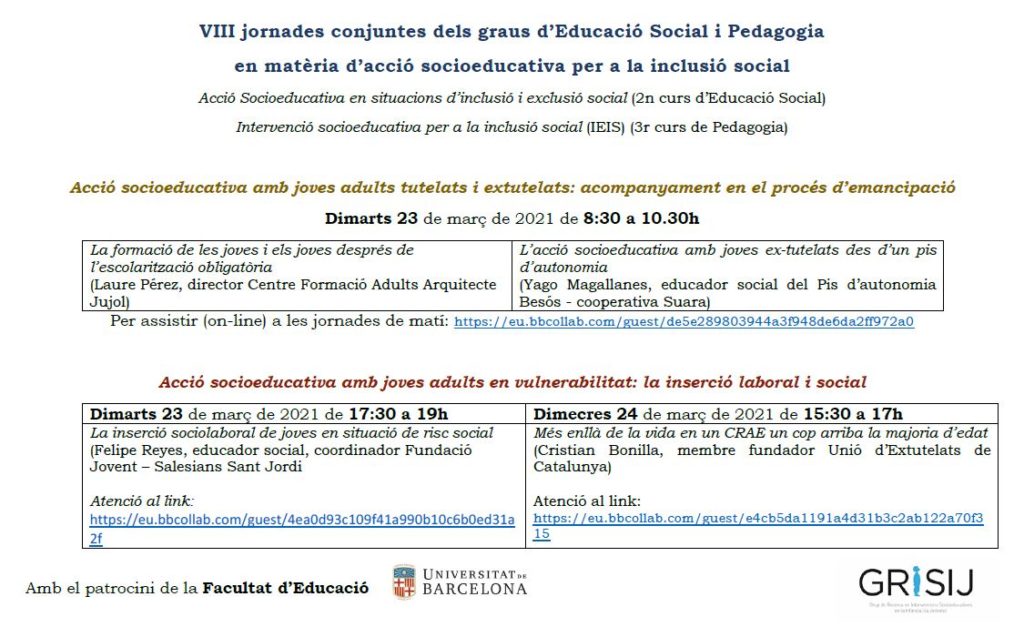 descripció del programa de les VIII Jornades conjuntes dels graus d'educació social i pedagogia